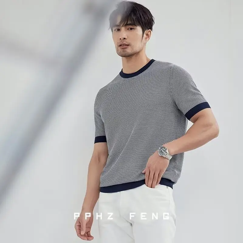 Men Black Striped Crewneck Polo Shirt 2024 - Image 7