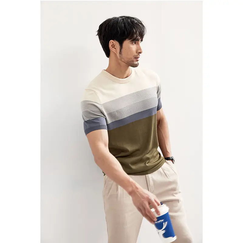 Men Black Striped Crewneck Polo Shirt 2024 - Image 8