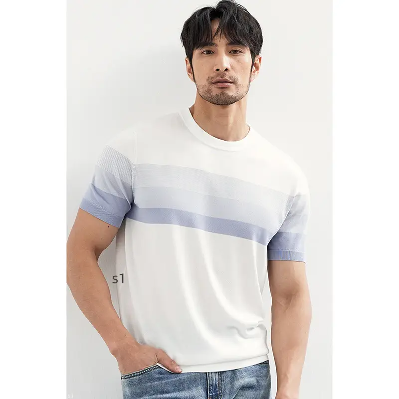 Men Black Striped Crewneck Polo Shirt 2024 - Image 9