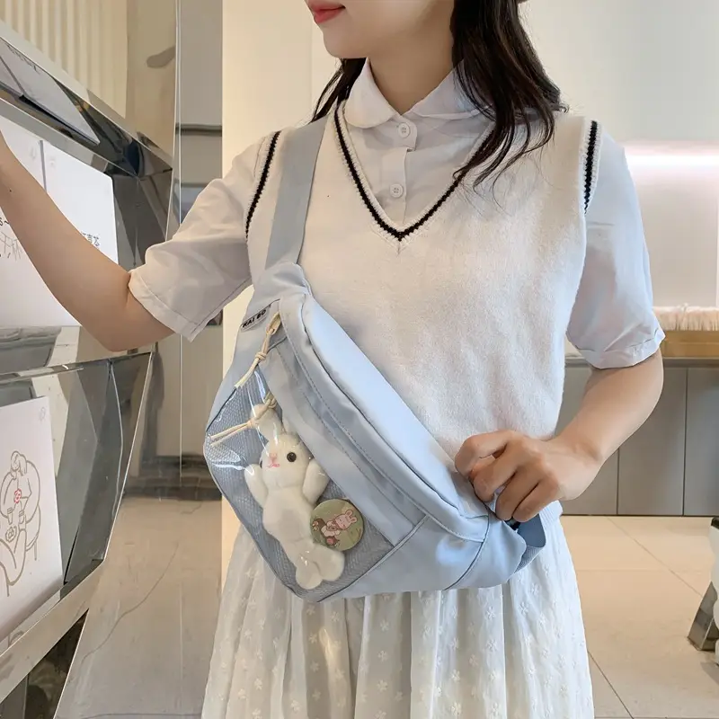 Cute Japanese Style Transparent Crossbody Bag with Furry Pendant - Image 6