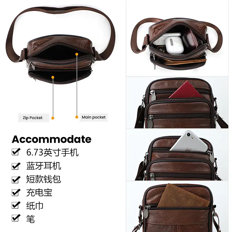 Men's Genuine Leather Crossbody Bag Brown Business Commuter - Image 12