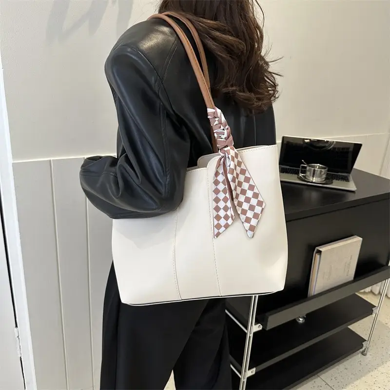 Women's White Silk Scarf Tote Bag with Bow Decor - Image 8