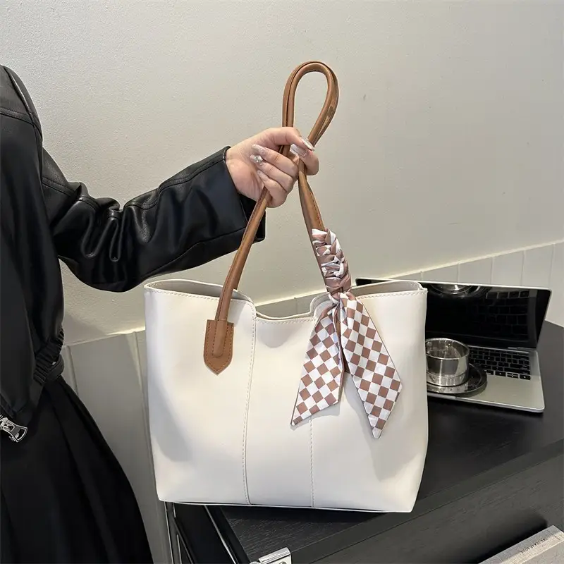 Women's White Silk Scarf Tote Bag with Bow Decor - Image 9
