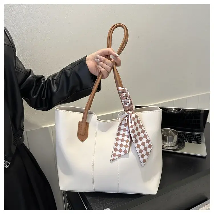 Women's White Silk Scarf Tote Bag with Bow Decor — feature 16