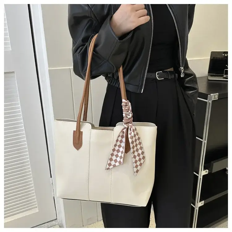 Women's White Silk Scarf Tote Bag with Bow Decor — feature 21