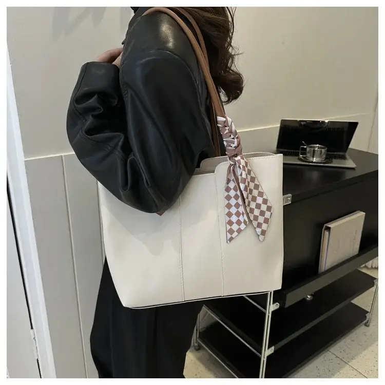 Women's White Silk Scarf Tote Bag with Bow Decor — feature 28