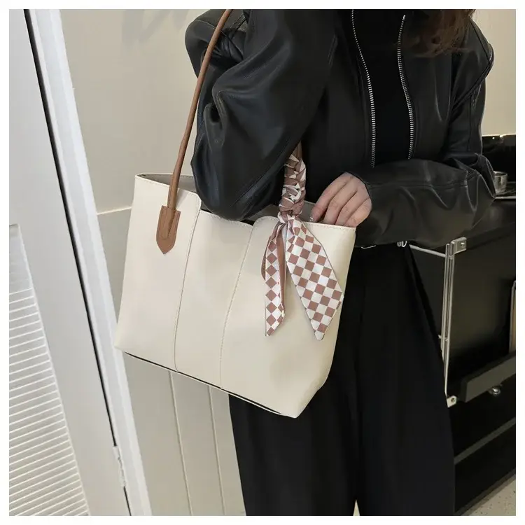 Women's White Silk Scarf Tote Bag with Bow Decor — feature 33