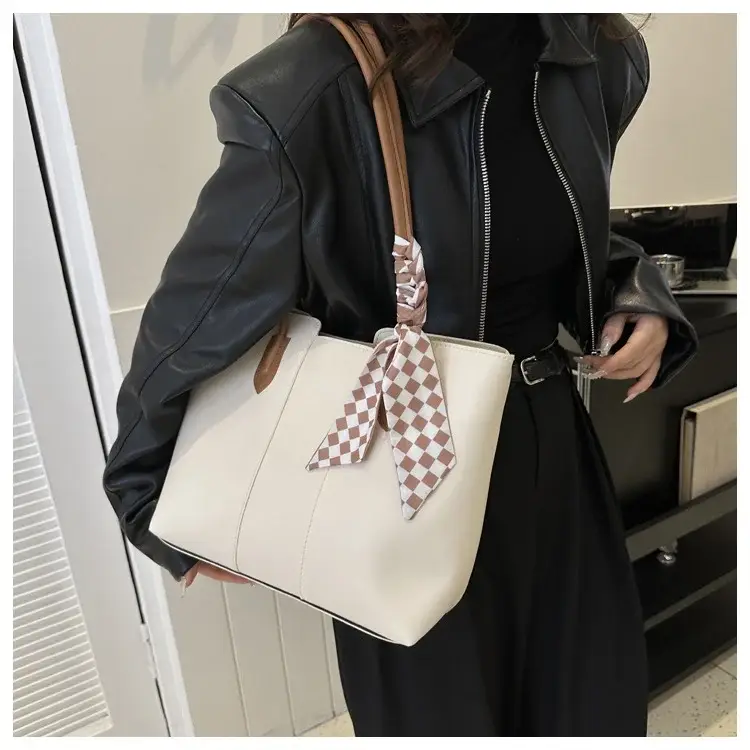 Women's White Silk Scarf Tote Bag with Bow Decor — feature 39