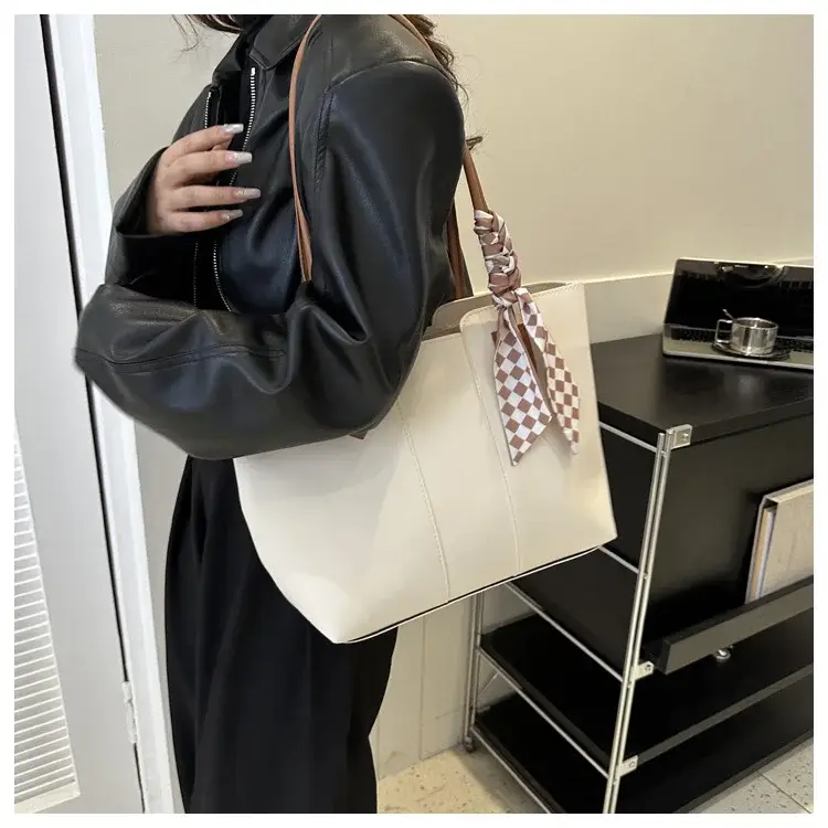Women's White Silk Scarf Tote Bag with Bow Decor — feature 48