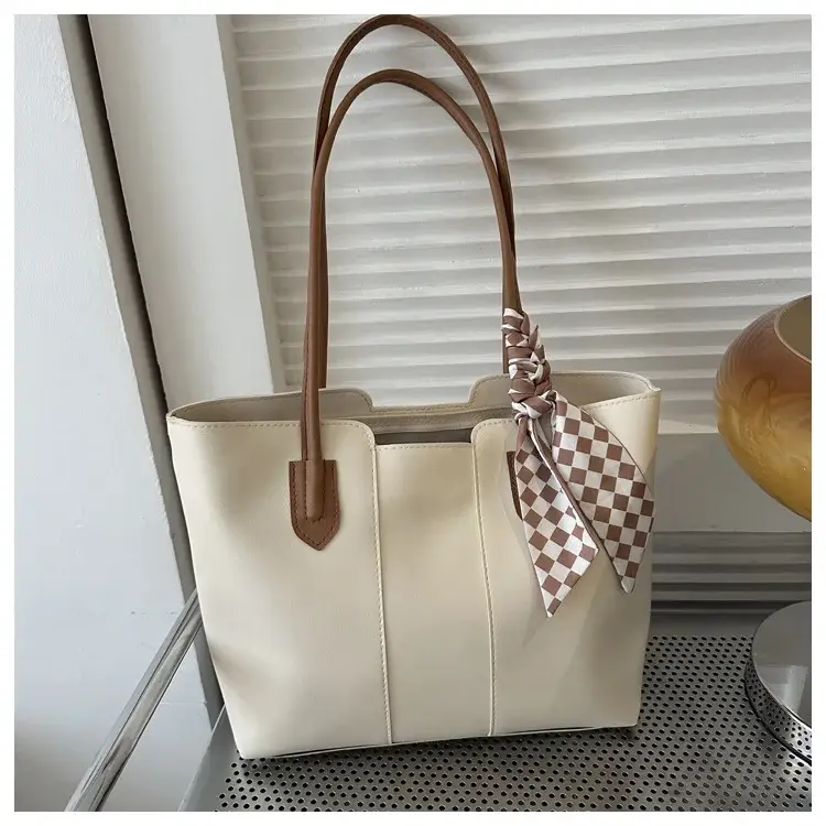 Women's White Silk Scarf Tote Bag with Bow Decor — feature 9
