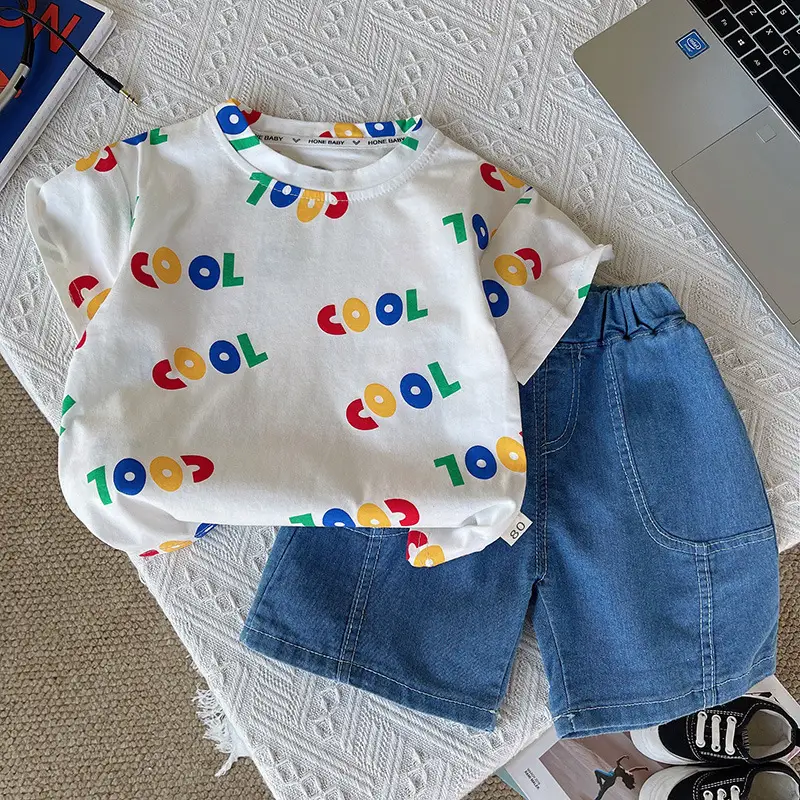 Children Summer T-Shirt Shorts Set Colorful Letters Denim Shorts - Image 4
