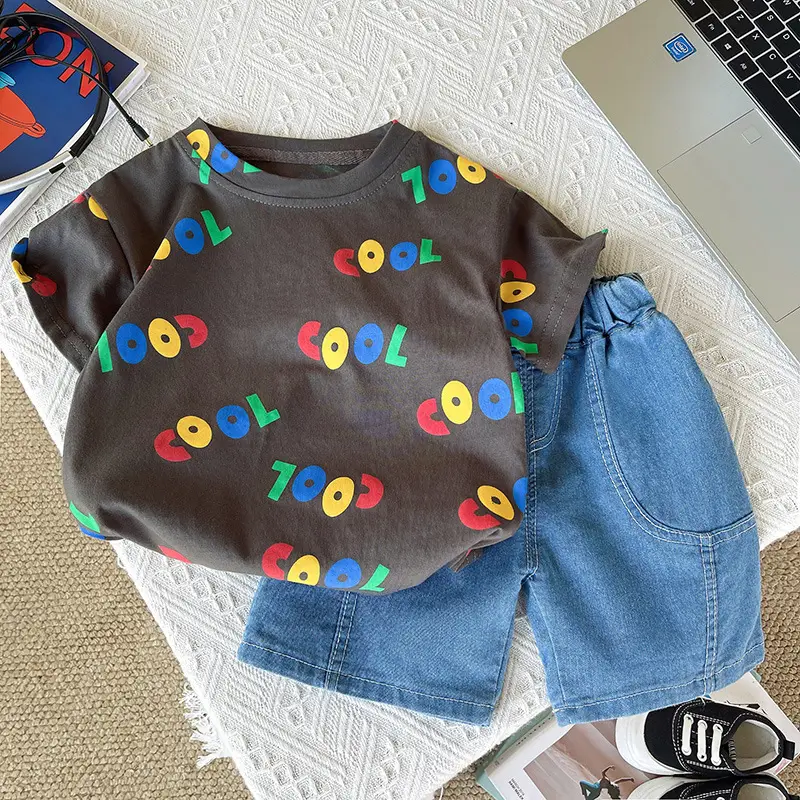 Children Summer T-Shirt Shorts Set Colorful Letters Denim Shorts - Image 5