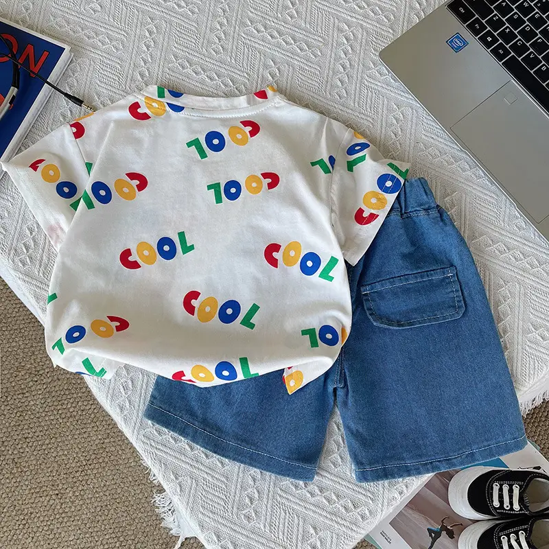 Children Summer T-Shirt Shorts Set Colorful Letters Denim Shorts — feature 3