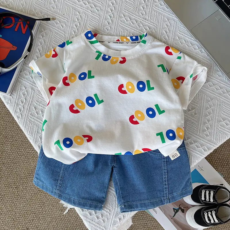 Children Summer T-Shirt Shorts Set Colorful Letters Denim Shorts