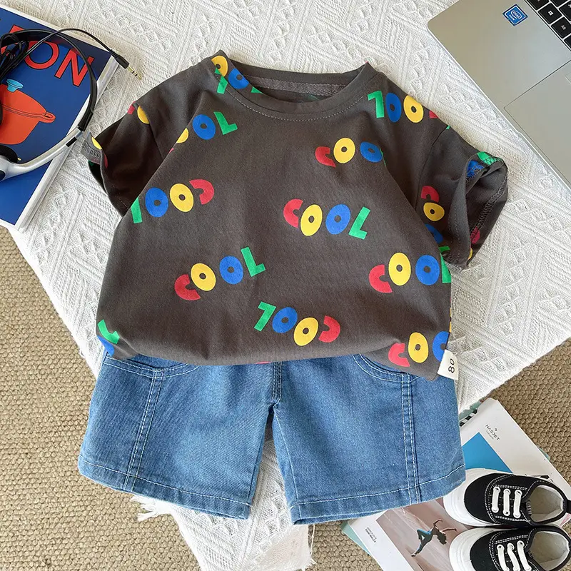 Children Summer T-Shirt Shorts Set Colorful Letters Denim Shorts - Image 2