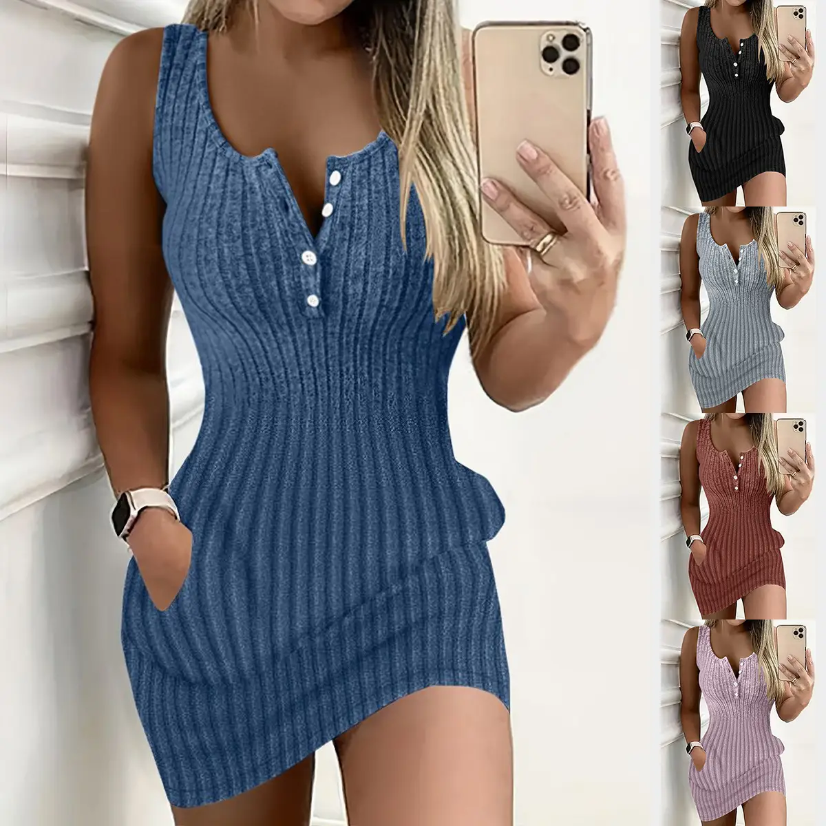 2024 V-Neck Sleeveless Dress Women Grey - Image 6