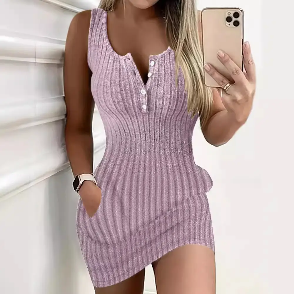 2024 V-Neck Sleeveless Dress Women Grey - Image 7