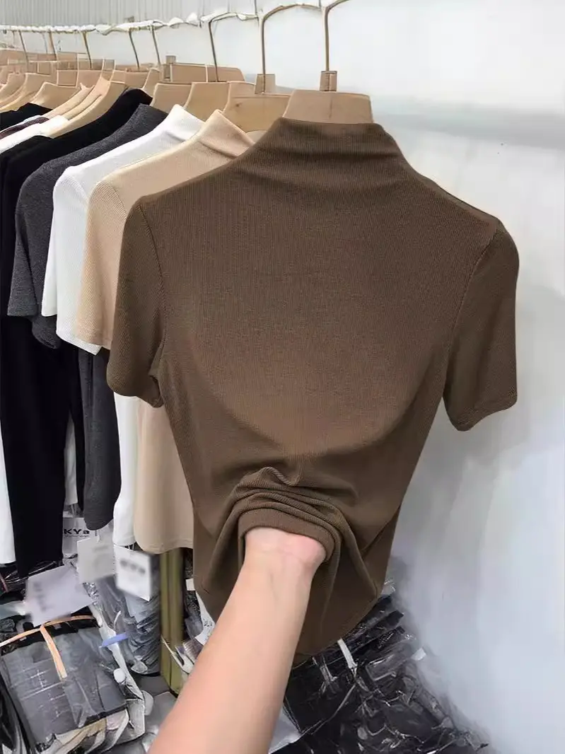 Half-High Collar Ribbed Short-Sleeve T-Shirt for Women, 2026 Summer New Style, Suitable for Layering under a Suit, Trendy Modal Top
