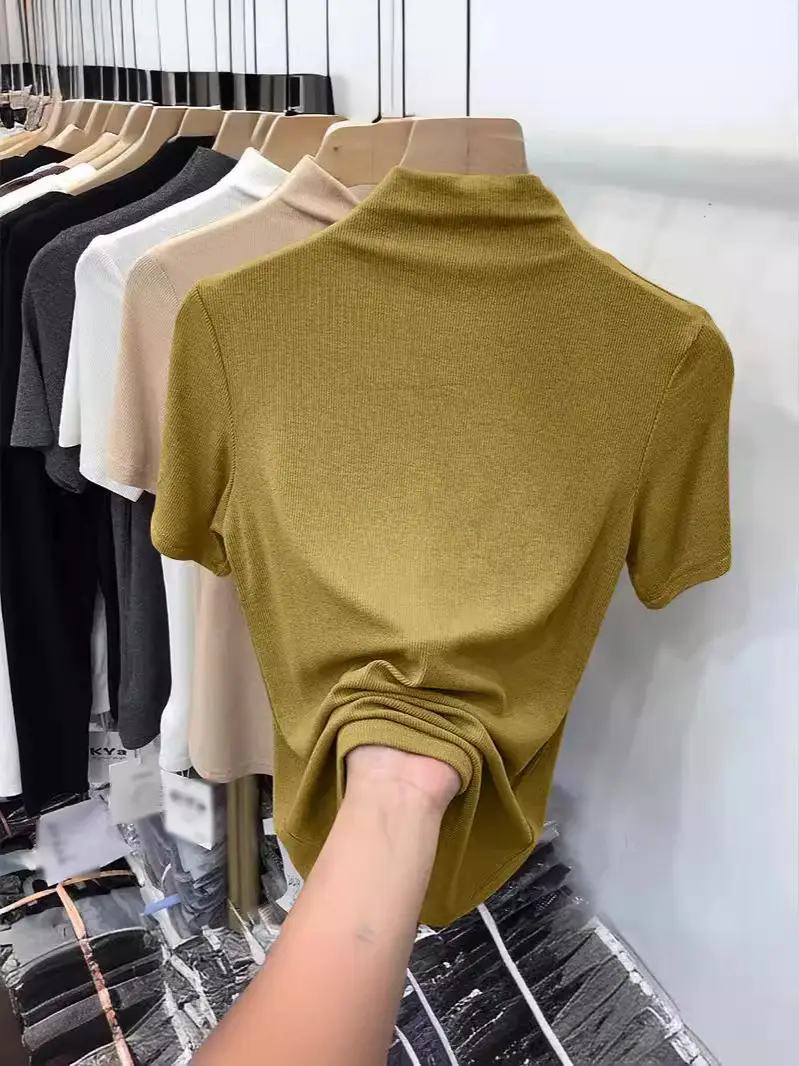 Half-High Collar Ribbed Short-Sleeve T-Shirt for Women, 2026 Summer New Style, Suitable for Layering under a Suit, Trendy Modal Top