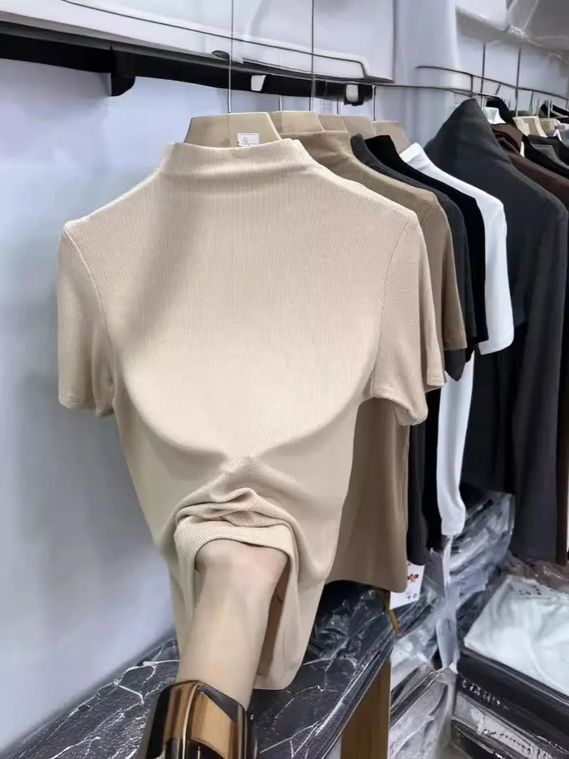 Half-High Collar Ribbed Short-Sleeve T-Shirt for Women, 2026 Summer New Style, Suitable for Layering under a Suit, Trendy Modal Top