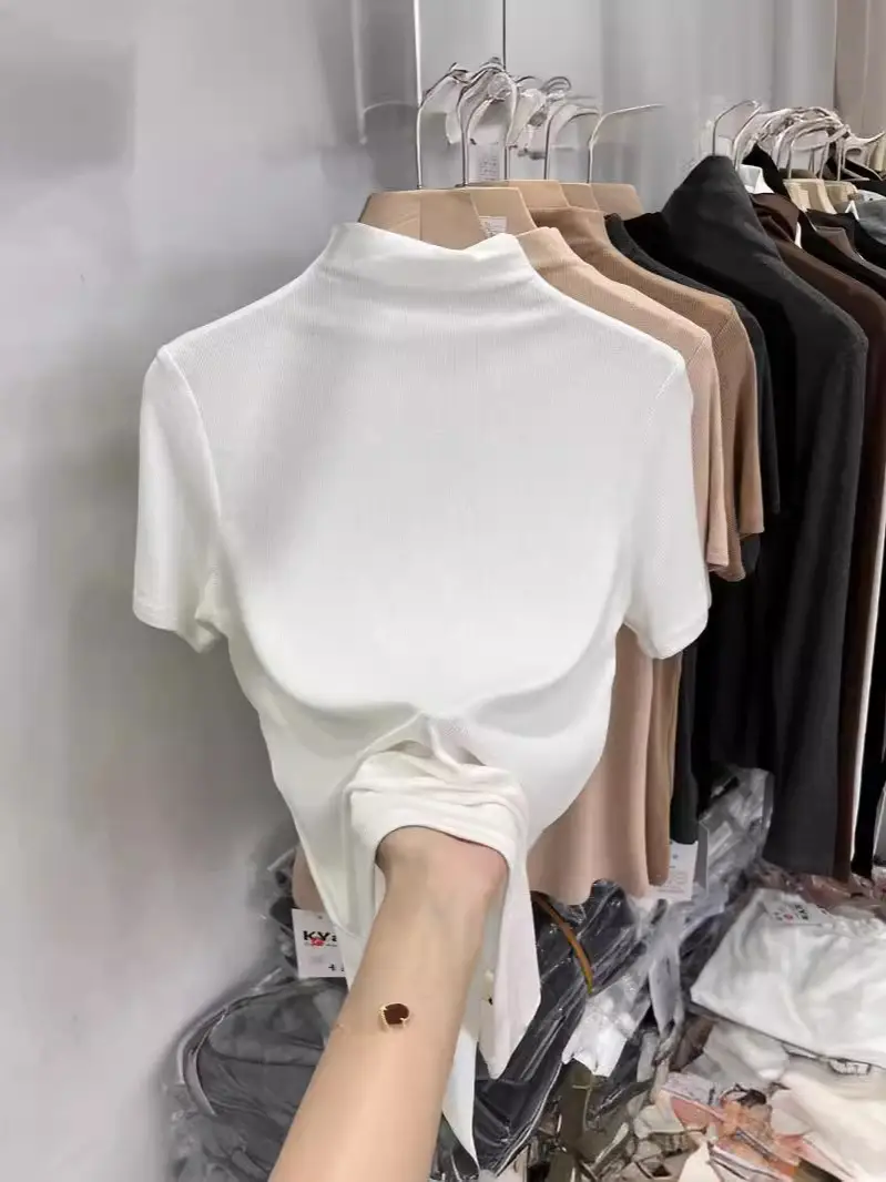 Half-High Collar Ribbed Short-Sleeve T-Shirt for Women, 2026 Summer New Style, Suitable for Layering under a Suit, Trendy Modal Top