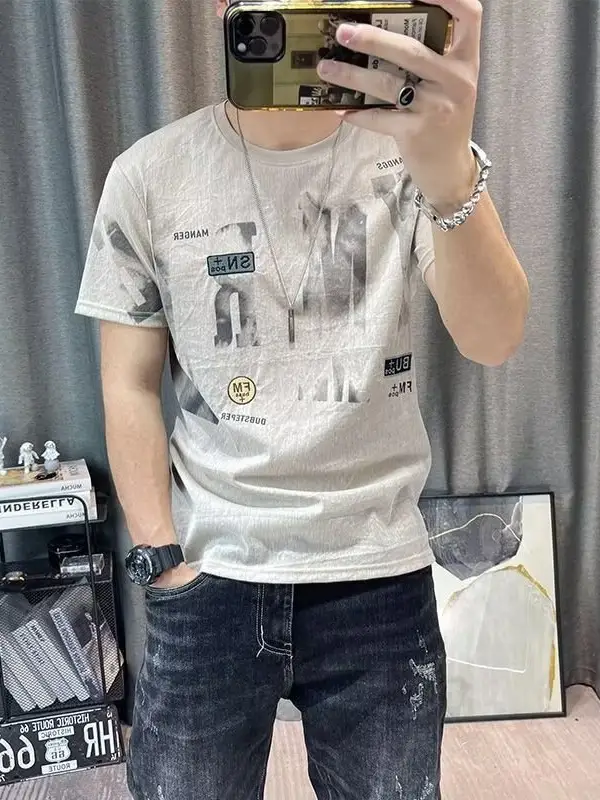 Men Printed Ice Silk T-Shirt Black Summer Casual - Image 11