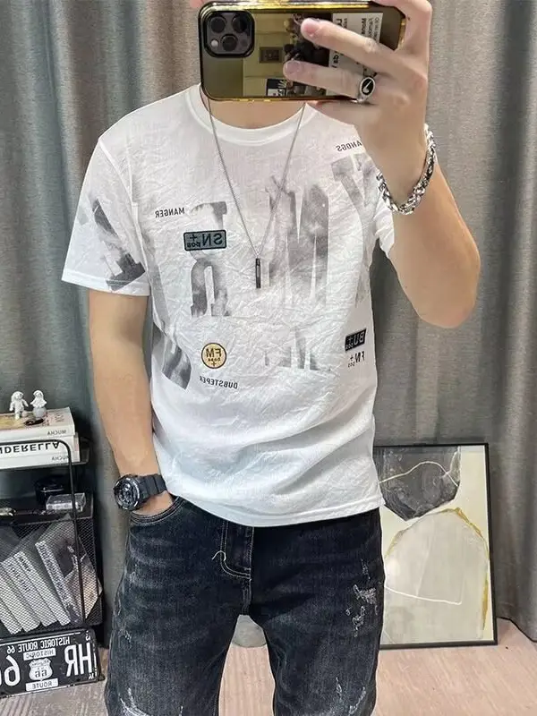 Men Printed Ice Silk T-Shirt Black Summer Casual - Image 12