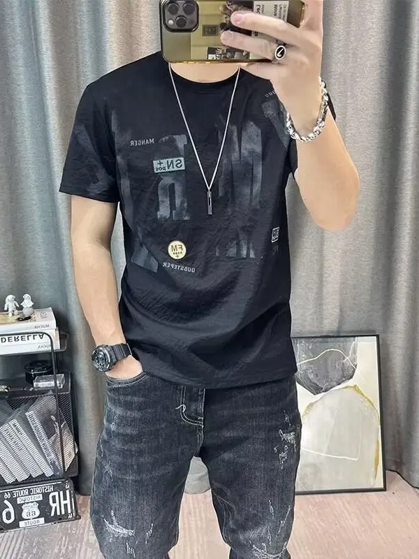 Men Printed Ice Silk T-Shirt Black Summer Casual - Image 13