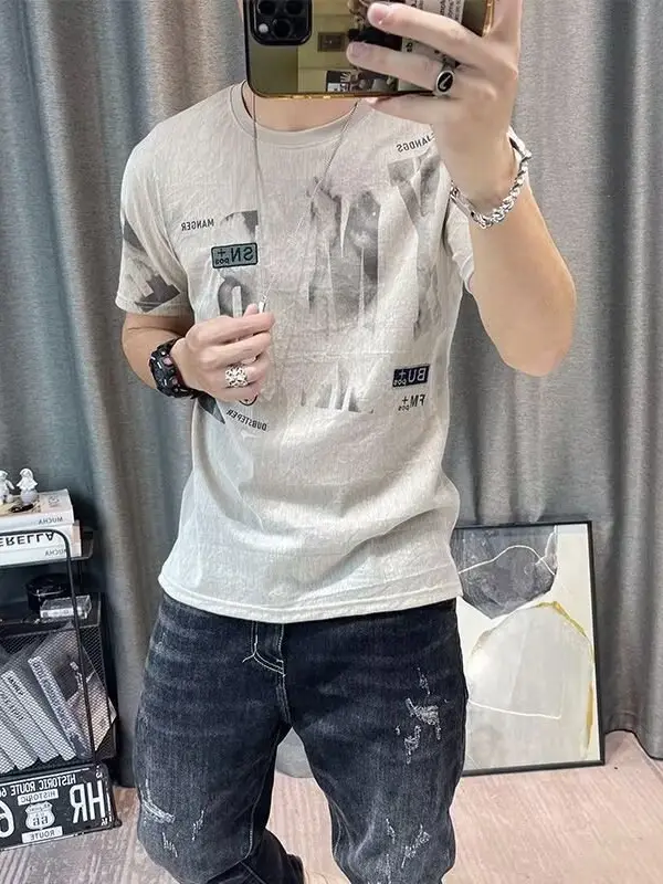 Men Printed Ice Silk T-Shirt Black Summer Casual - Image 14