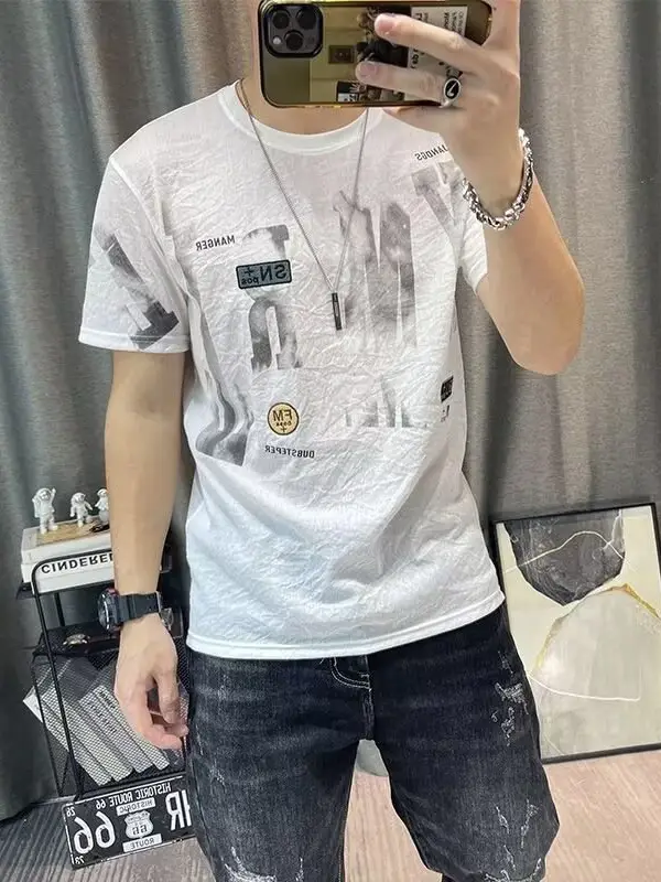 Men Printed Ice Silk T-Shirt Black Summer Casual - Image 15