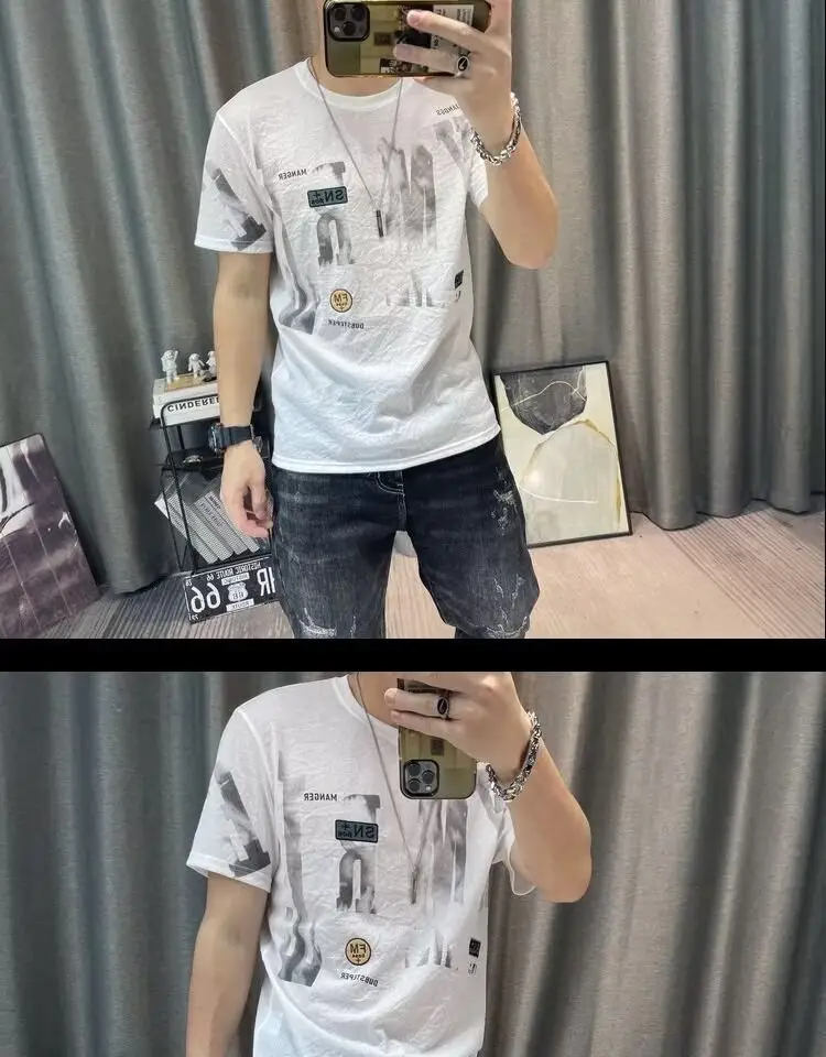 Men Printed Ice Silk T-Shirt Black Summer Casual — feature 13