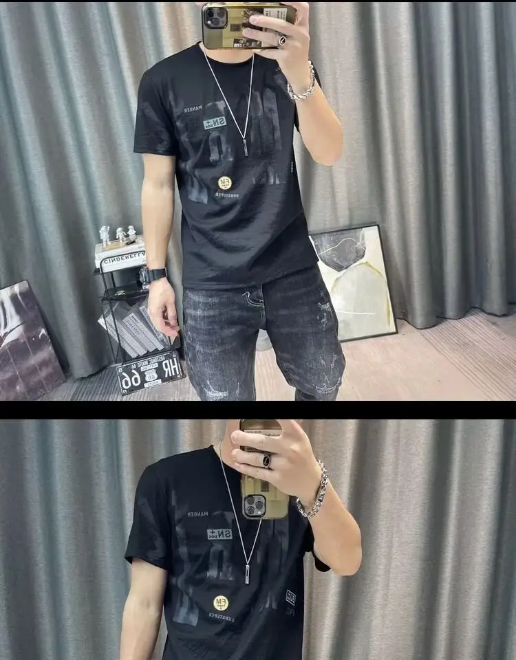 Men Printed Ice Silk T-Shirt Black Summer Casual — feature 17