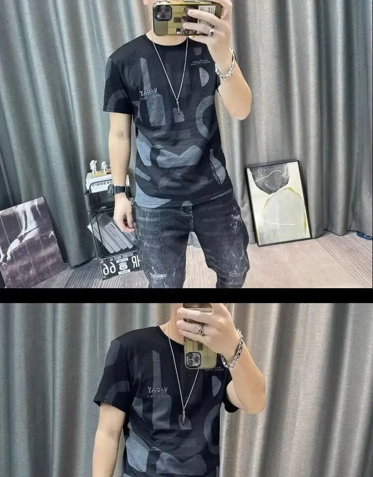 Men Printed Ice Silk T-Shirt Black Summer Casual — feature 22