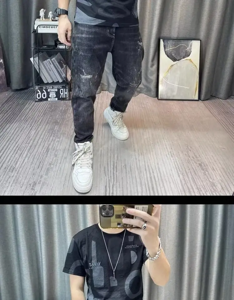 Men Printed Ice Silk T-Shirt Black Summer Casual — feature 23