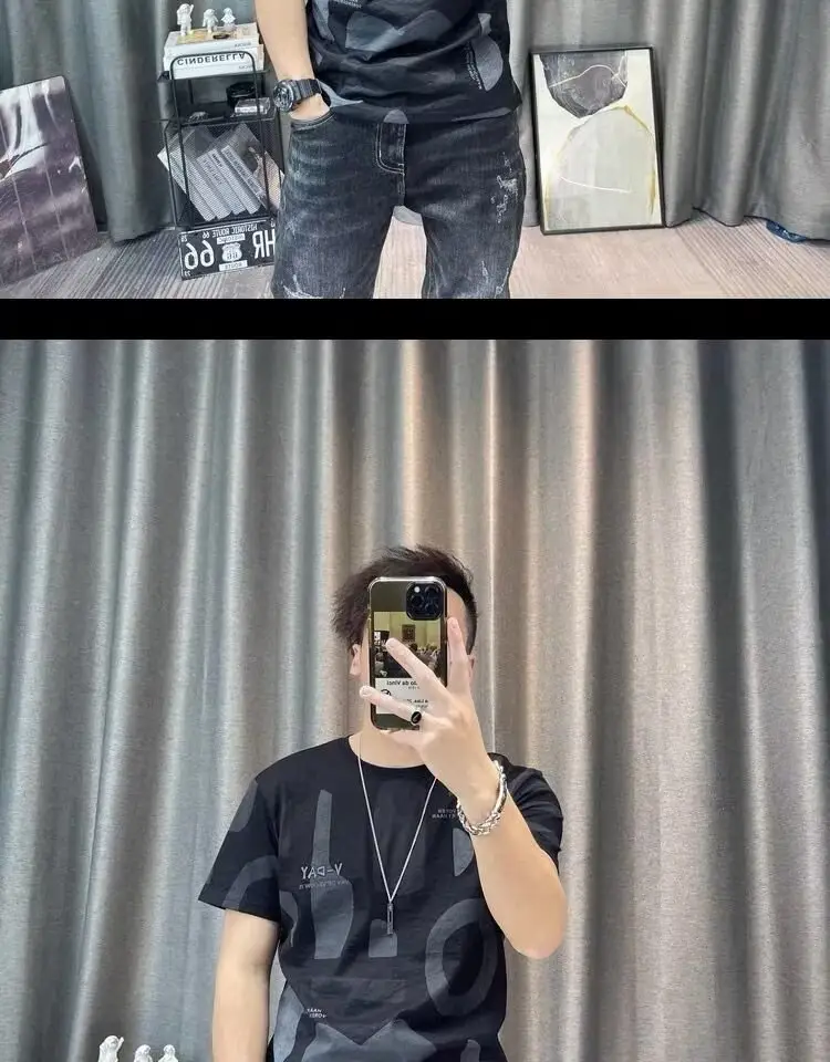 Men Printed Ice Silk T-Shirt Black Summer Casual — feature 24