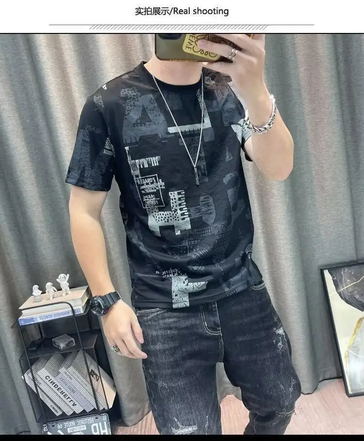Men Printed Ice Silk T-Shirt Black Summer Casual — feature 32