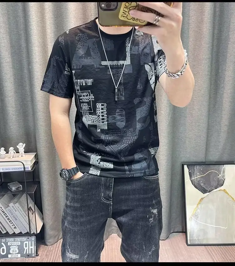 Men Printed Ice Silk T-Shirt Black Summer Casual — feature 33