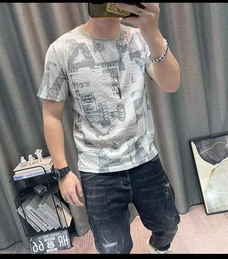 Men Printed Ice Silk T-Shirt Black Summer Casual — feature 34