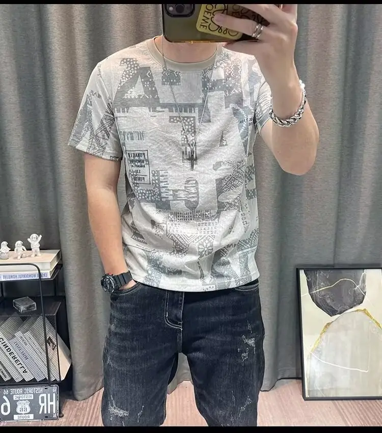 Men Printed Ice Silk T-Shirt Black Summer Casual — feature 35