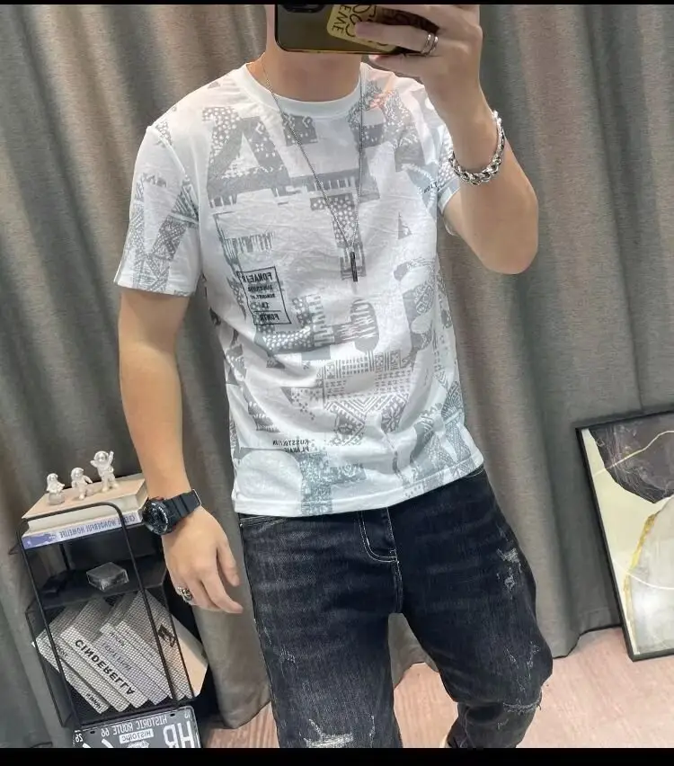 Men Printed Ice Silk T-Shirt Black Summer Casual — feature 36