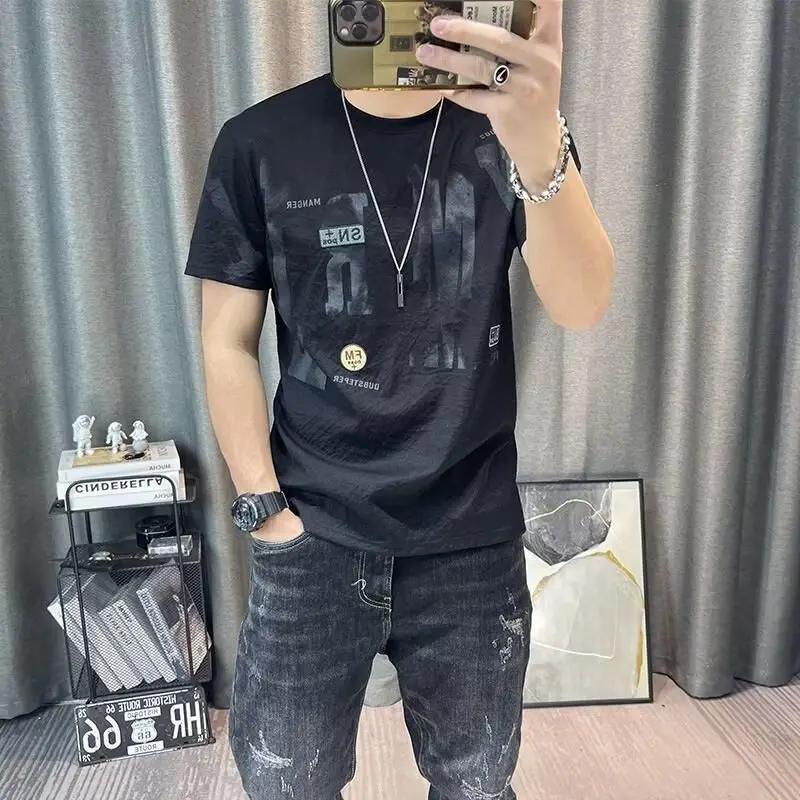 Men Printed Ice Silk T-Shirt Black Summer Casual - Image 2