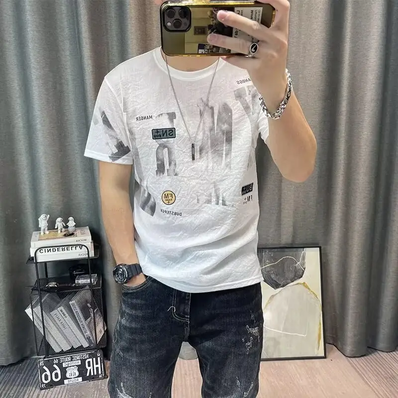 Men Printed Ice Silk T-Shirt Black Summer Casual - Image 3