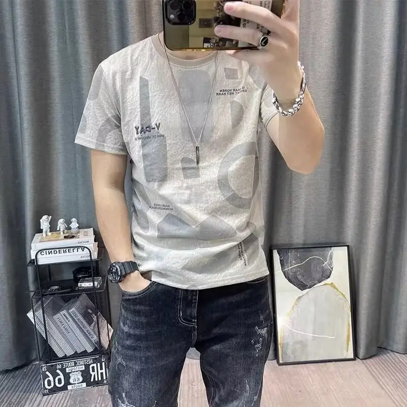 Men Printed Ice Silk T-Shirt Black Summer Casual - Image 4