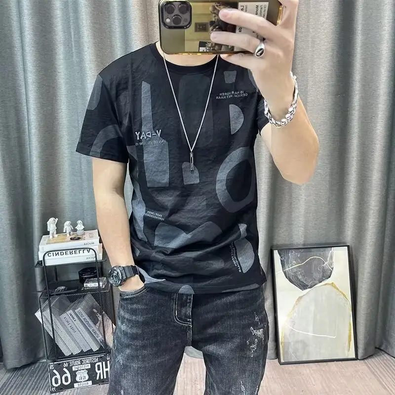 Men Printed Ice Silk T-Shirt Black Summer Casual - Image 5