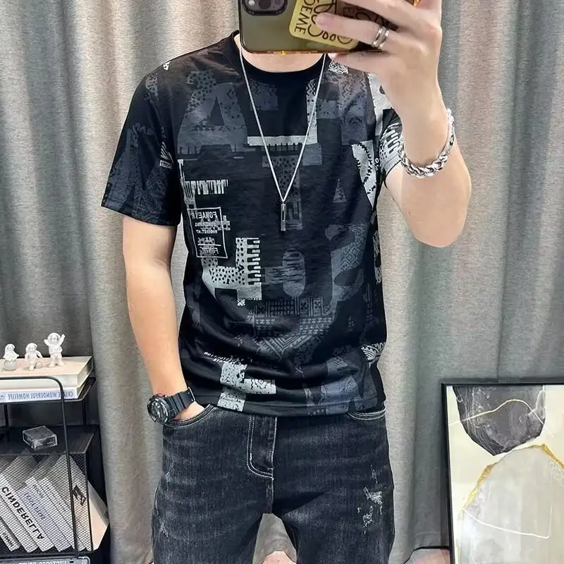 Men Printed Ice Silk T-Shirt Black Summer Casual - Image 8