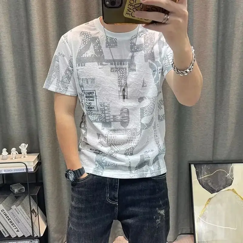 Men Printed Ice Silk T-Shirt Black Summer Casual - Image 9