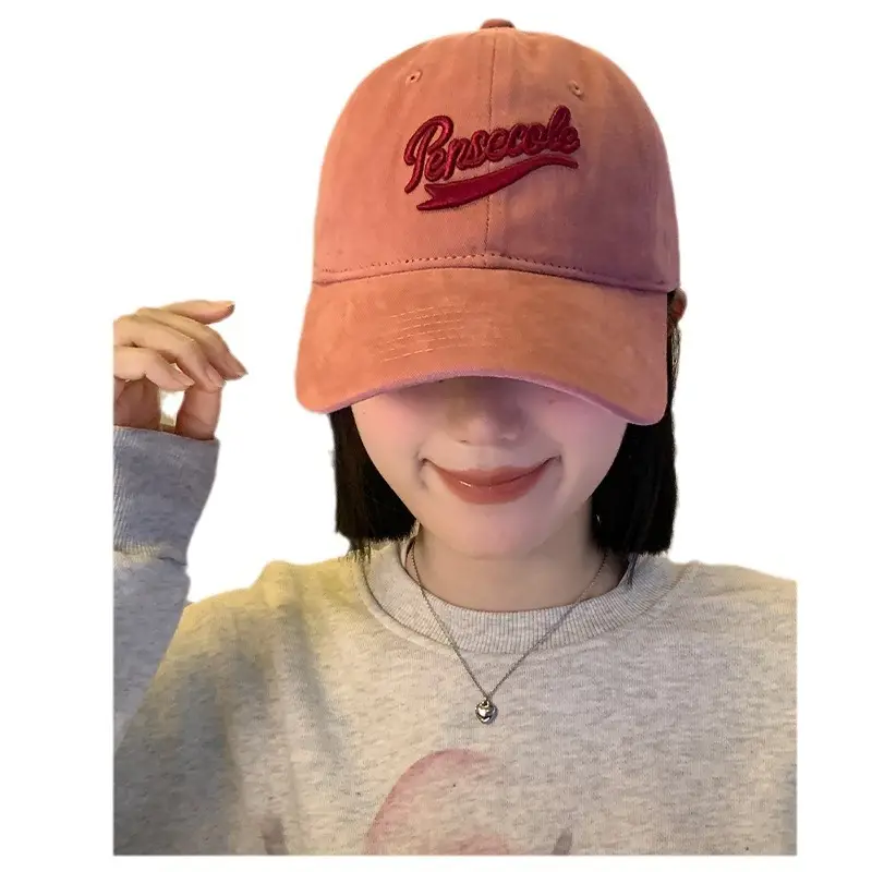 Women Pink Wide Brim Cap with Red Embroidery