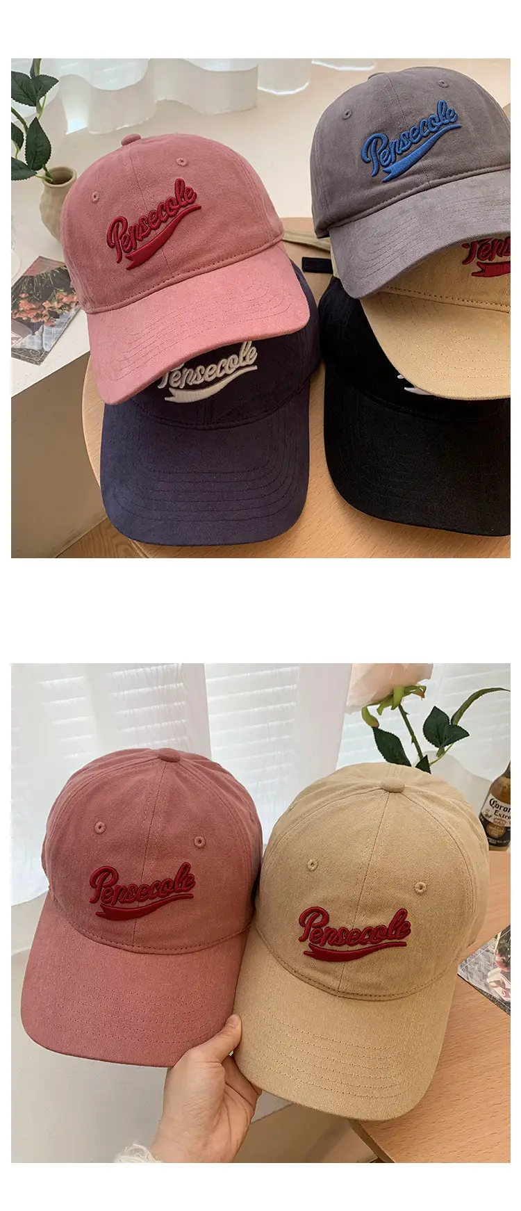 Women Pink Wide Brim Cap with Red Embroidery — feature 10