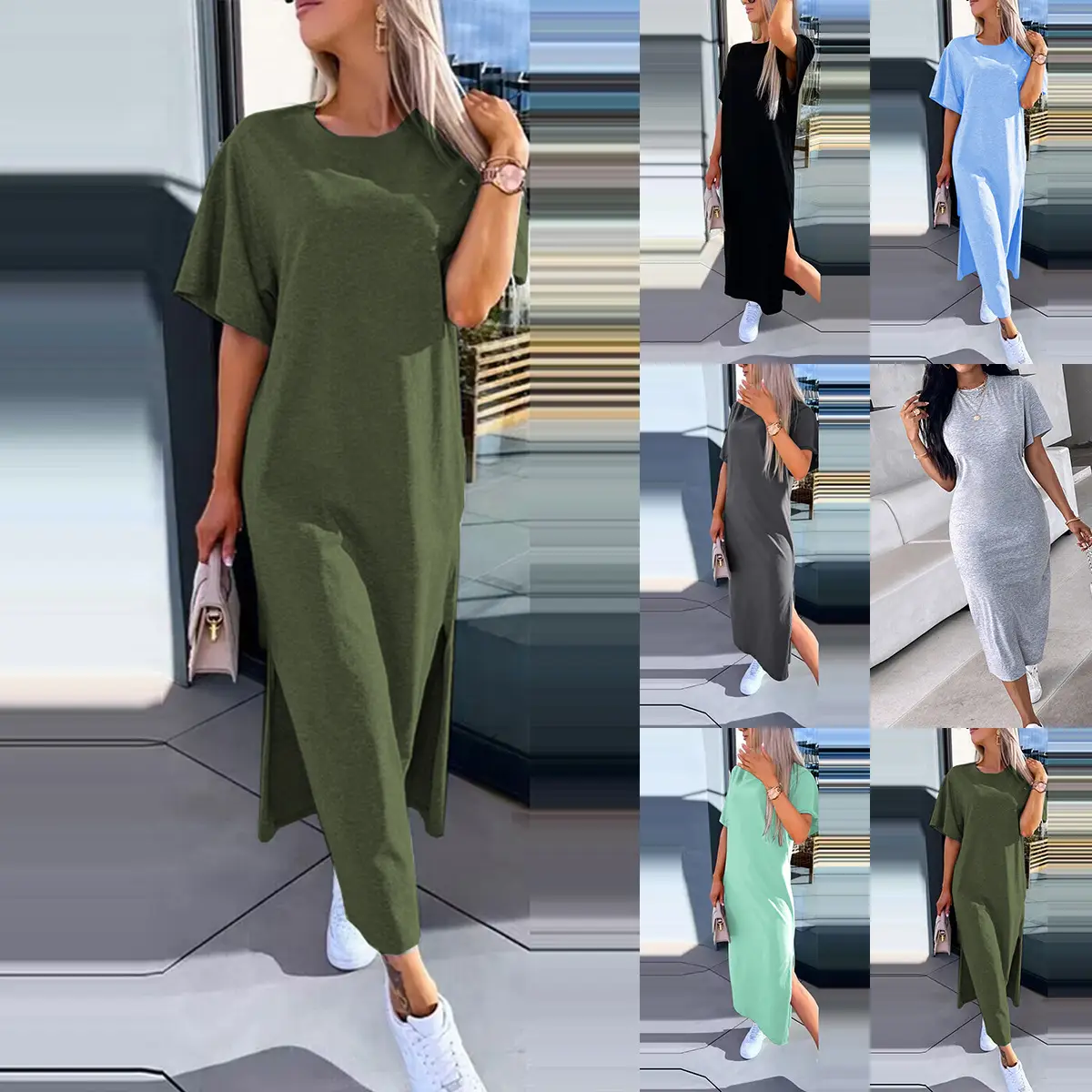 Women Light Blue Split Dress Summer Wear - Image 7