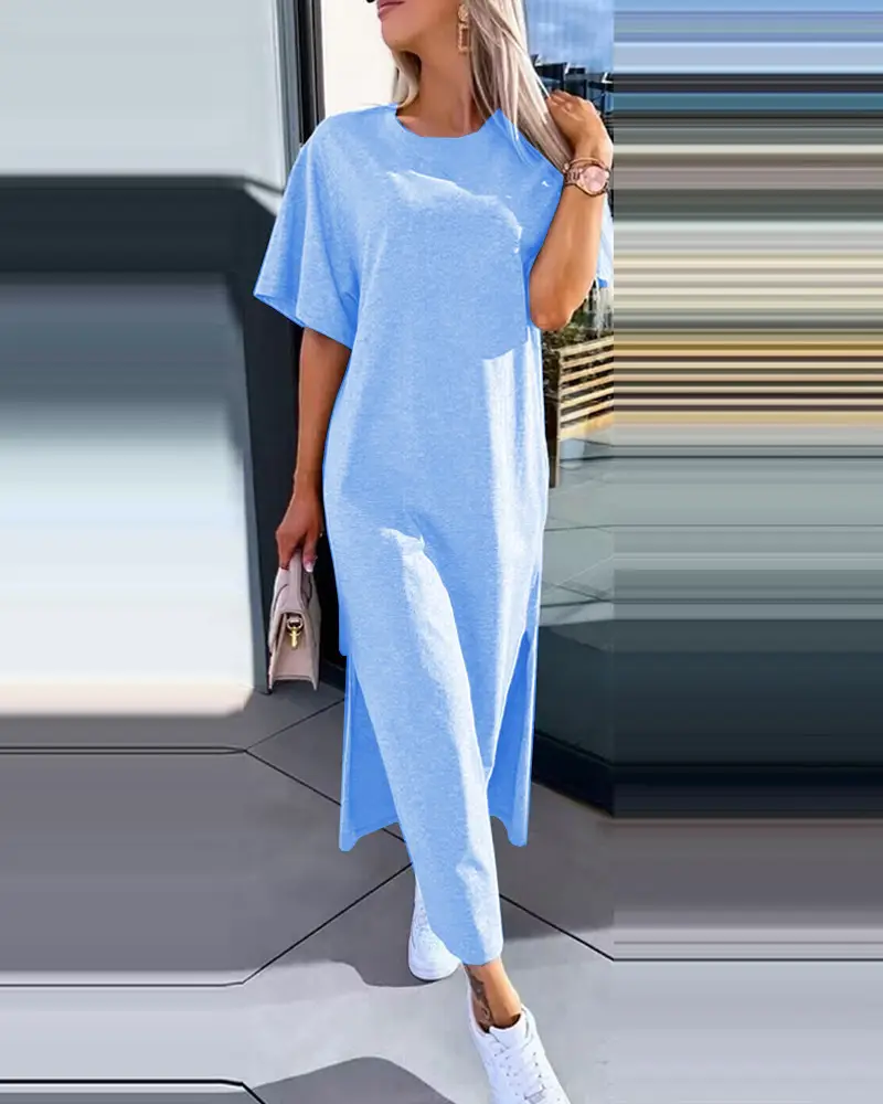 Women Light Blue Split Dress Summer Wear — feature 6